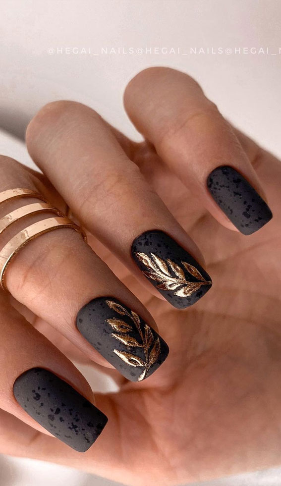 matte black and gold leaf nails, matte black nails, nail art designs 2021, nail ideas 2021, nail designs 2021