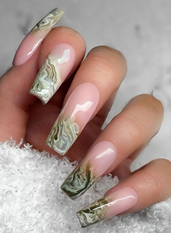 sage green marble nails with gold accent, pink and gold marble nails, nail art designs 2021, nail ideas 2021, marble nails 2021