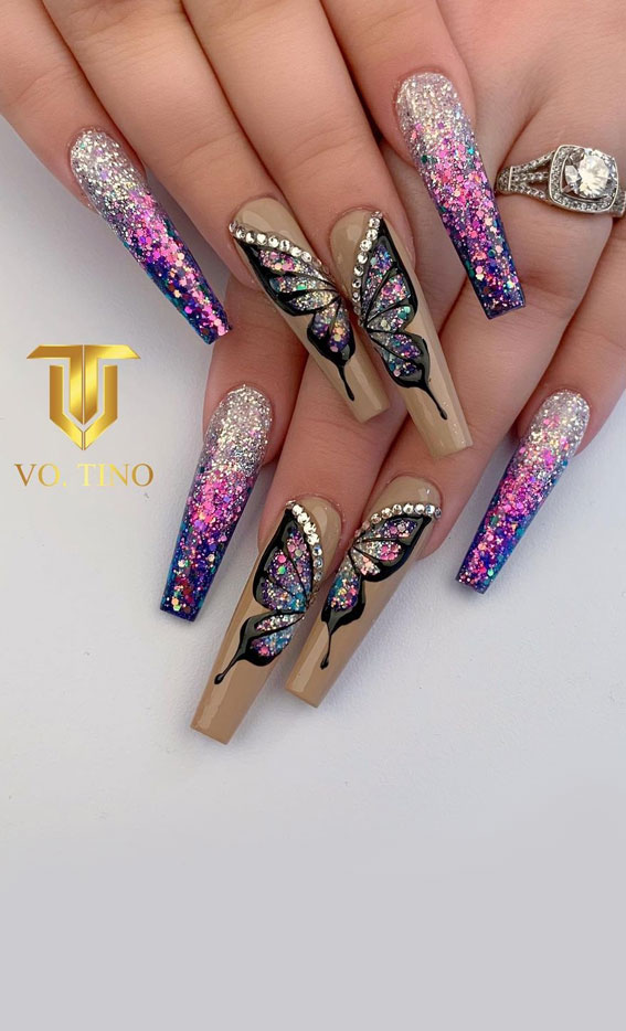 butterfly and glitter nails, butterfly nails, coffin nail art design, coffin nail designs 2021, coffin nails 2021, ombre nail art designs 2021