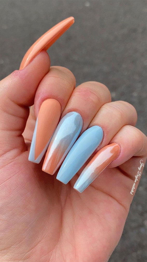 ombre blue and peach nails, coffin ombre nails , ombre coffin nails , blue and peach nails, spring nail art designs 2021, summer nail art designs 2021