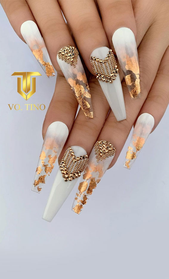 coffin nails, coffin nail art design, boho glam nails, nail art designs, white and gold nails, nail art designs 2021