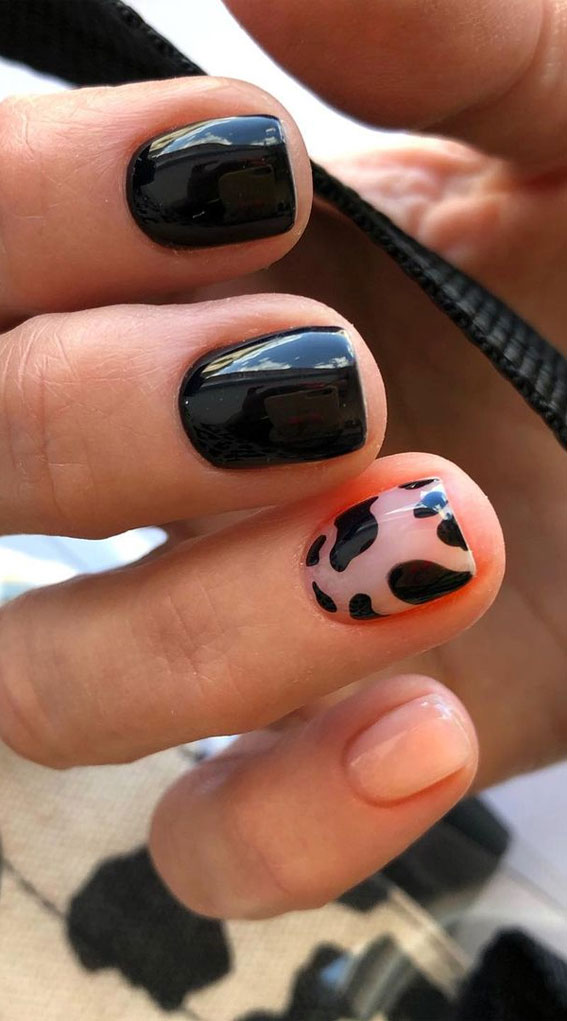 mix black and pink nails, cow print nails pink, nail art designs 2021, nail trends 2021, cow print nails acrylic, cow print nails coffin, pastel cow print nails
