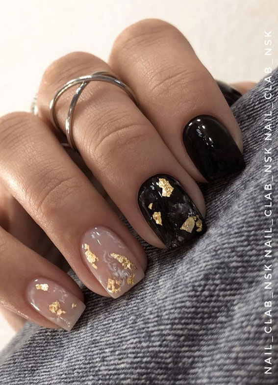 mix and matched nail designs, nail trends 2021, black and nude nails with gold foil, nail art design, nails design