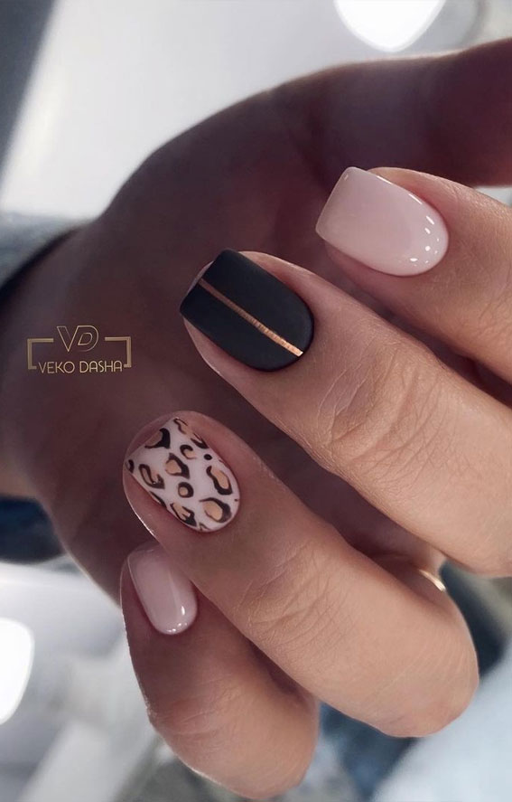 mix and match leopard nails, leopard and nude nails, mismatched leopard nails, nail trends 2021