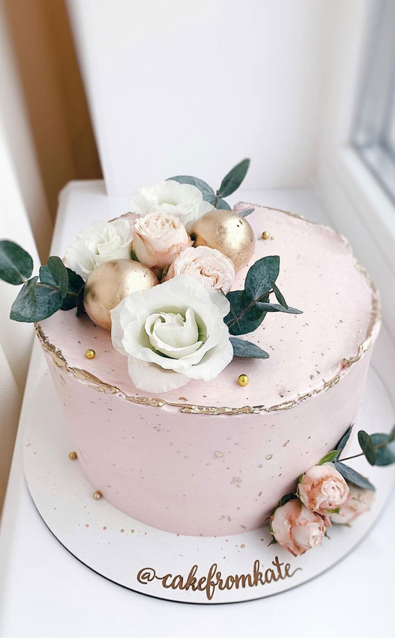 pink cake, pretty pink cake, bridal shower cake, pink and gold cake