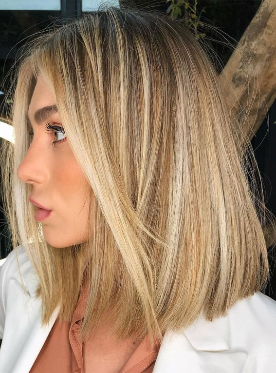 55+ Spring Hair Color Ideas & Styles for 2021 : Bright blond lob haircut