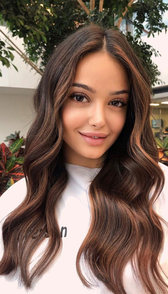 spring hair colors, brown hair color , toffee brown hair, blonde hair with highlights, brunette hair color, balayage hair, brown balayage, long hair chocolate hair color