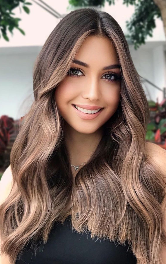 spring hair colors, brown hair color , toffee brown hair, blonde hair with highlights, brunette hair color, balayage hair, brown balayage, long hair chocolate hair color