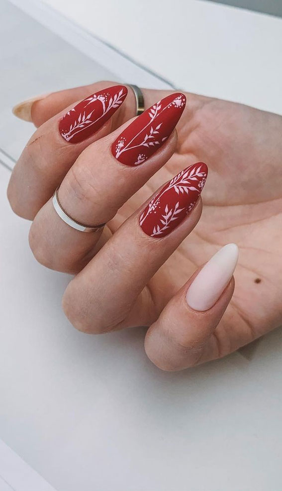 red nails, nail art designs, nail ideas 2021, red floral nails
