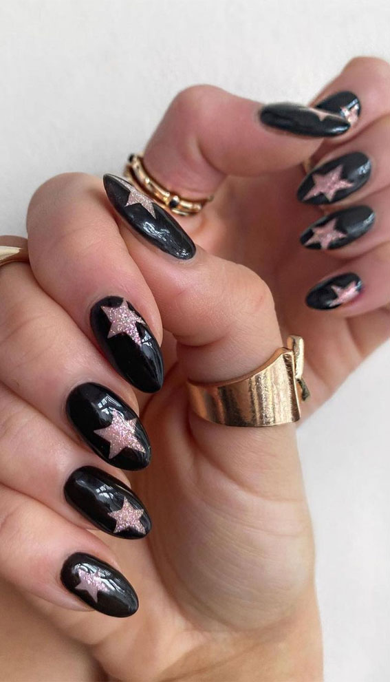 black and rose gold star nails, rose gold nails, black nail art designs, spring nails