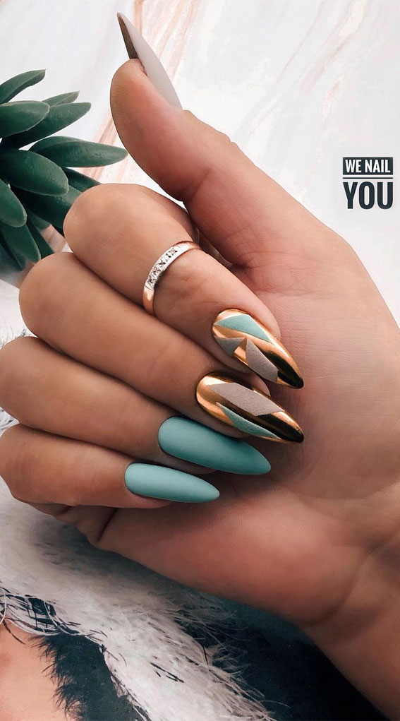 green mixed gold chrome nails, abstract nails, abstract nail art designs