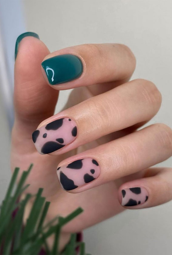 cow nude nail print , nude and black cow nails, cow nail designs, cow print nails, gradient nail colors, neutral nail colors, cow print and different color nails acrylic, mix and match green and cow print nails