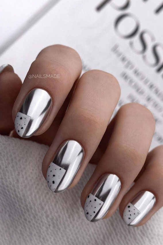 40+ Stylish Ways To Rock Spring Nails : Abstract white and chrome nails