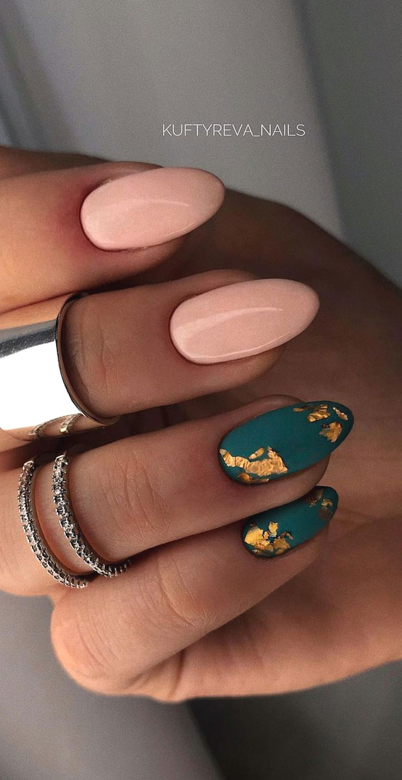 pink nails, green nails with gold leaf, gold foil on green nails