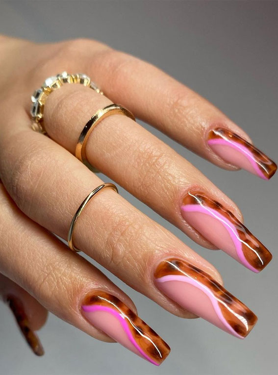 tortoise shell nails, tortoise shell and pink nails, pink swirl nails, long nails , long coffin nails