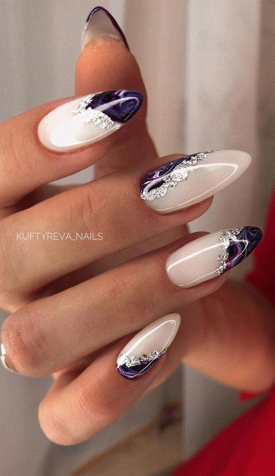 40+ Stylish Ways To Rock Spring Nails : Marble indigo nails with silver 