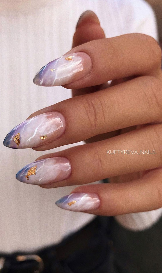 40+ Stylish Ways To Rock Spring Nails : White and blue marble nails with  gold foil