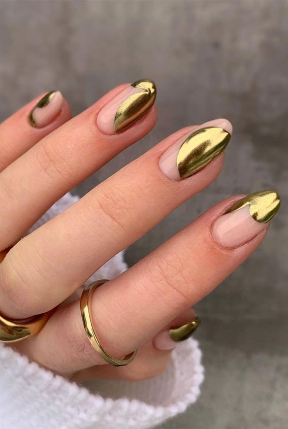 gold chrome nails, nude nail with chrome effect