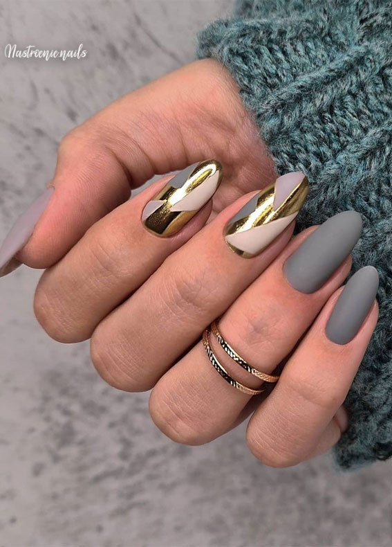 Gold and Gray Chrome Nails