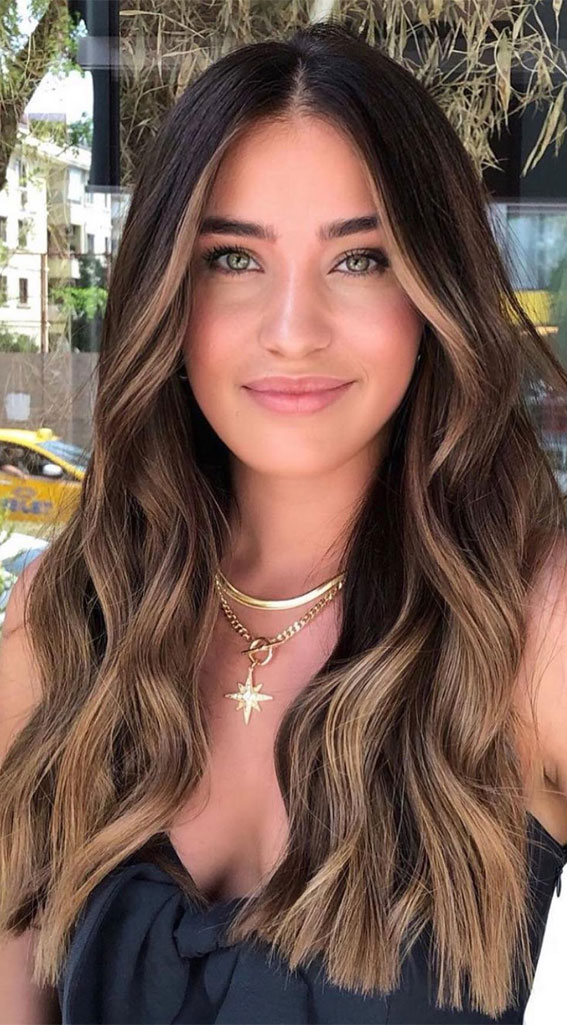 55+ Spring Hair Color Ideas & Styles For 2021 : Dark hair with honey blonde