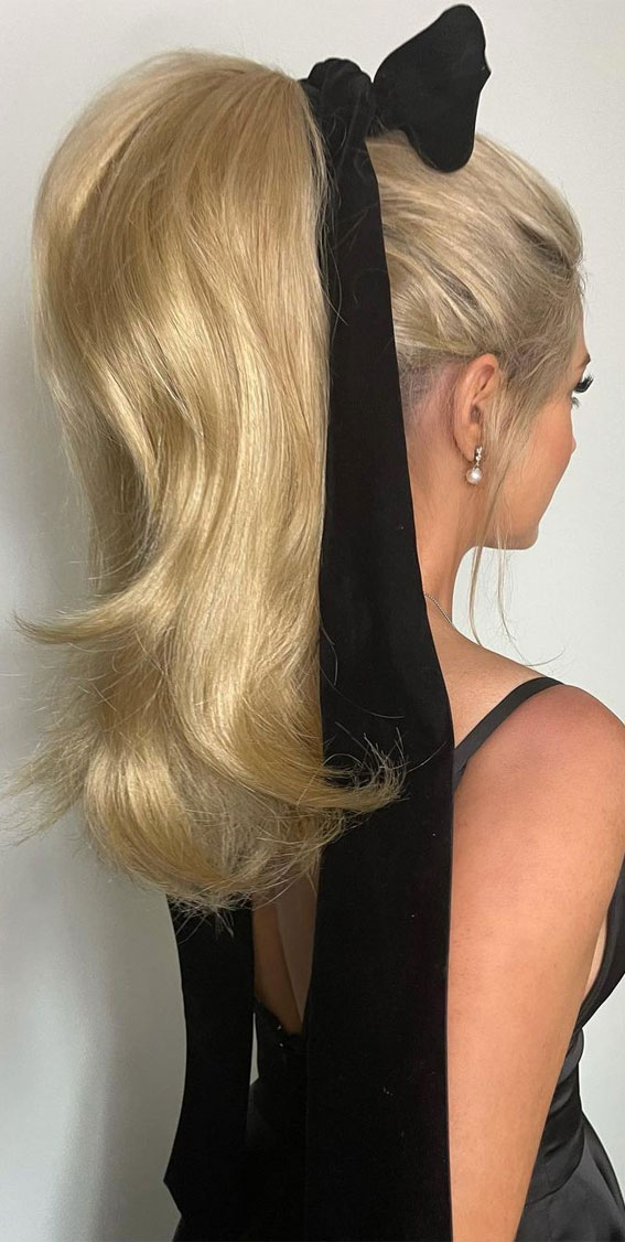 High And Low Ponytails For Any Occasion : High and bouncy ponytail with velvet bow