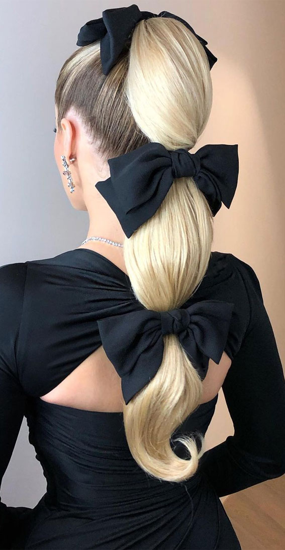High And Low Ponytails For Any Occasion : Triple bow high ponytail