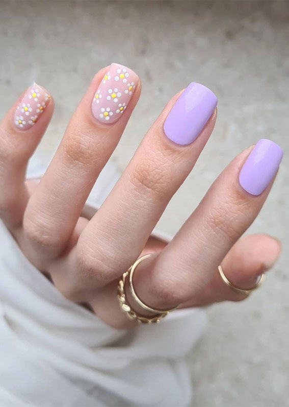 lilac and daisy nails, two tone nails, lilac nails, daisy nails, flower nails, flower nail art designs, spring flower nails, daisy nail art design, short nail art designs