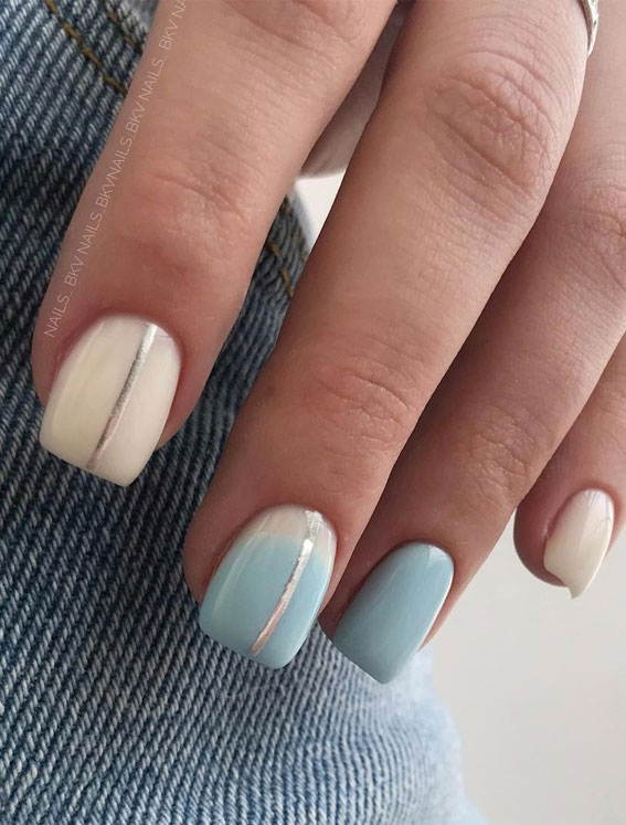 Cute Spring Nails That Will Never Go Out Of Style : Ombre blue + Silver  line & white nails