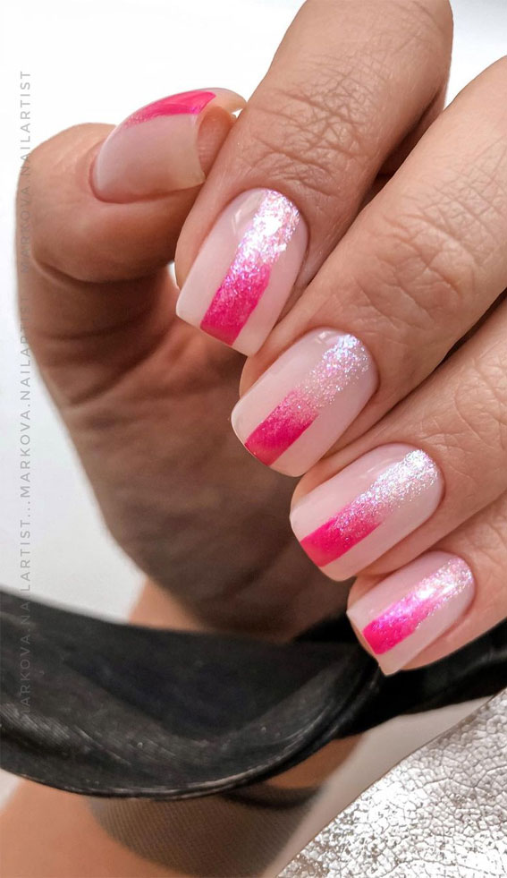 pink nails, nude and hot pink nails, spring nail art designs, nail art designs