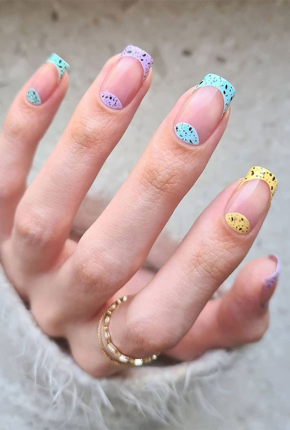 speckled nails, speckled french nails, speckled french tips, speckled half moon nails, pastel speckled nails, easter nails, spring nail art designs