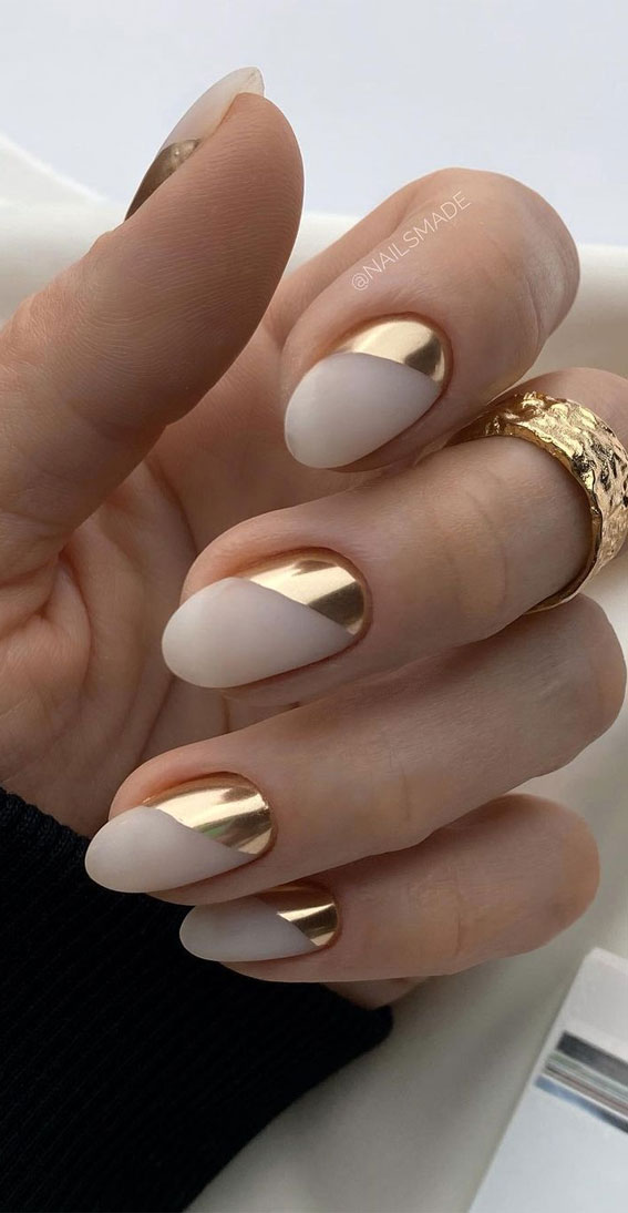 spring nails, gold french tips, gold french tip nails, nude and gold nails, matte nude and gold chrome nails, modern nails
