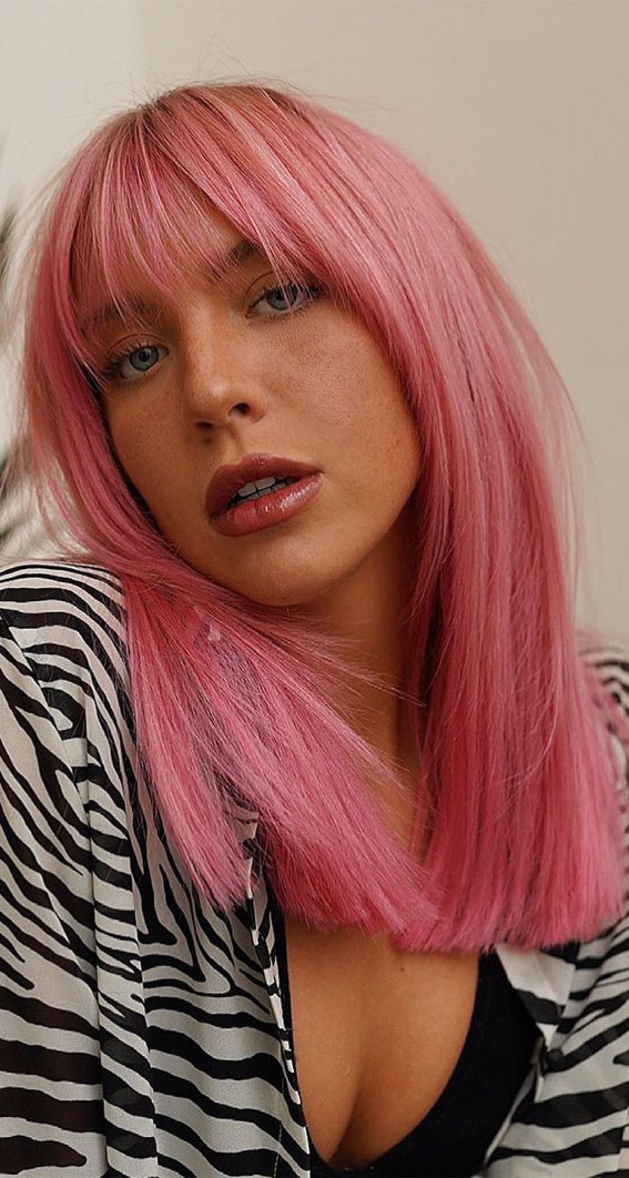 pink hair color, haircut with bangs, pink hair ideas, long hair with bangs
