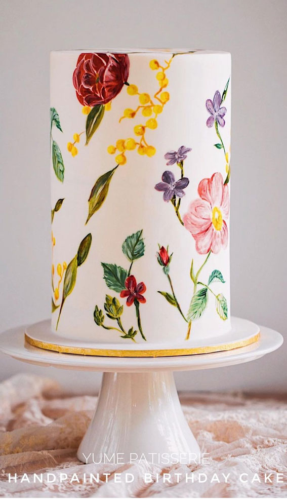 floral cake birthday cake, hand painted cake, hand painted cake ideas, sugar floral wedding cake, contemporary wedding cake, elegant wedding cake, wedding cake trends 2021, wedding cake ideas #weddingcake #weddingideas #cakedecorating #birthdaycake #floralcake