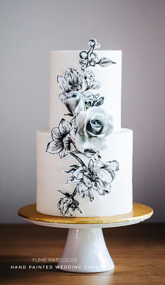 black and white hand painted floral wedding cake, handpainted wedding cake, hand painted wedding cake ideas, sugar floral wedding cake, contemporary wedding cake, elegant wedding cake, wedding cake trends 2021, wedding cake ideas #weddingcake #weddingideas #cakedecorating