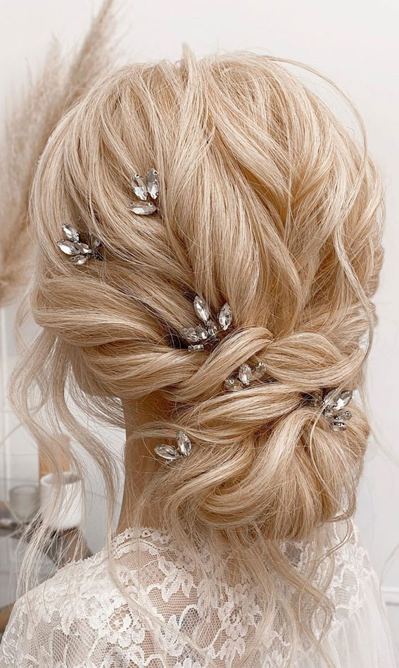 70 Latest Updo Hairstyles for Your Trendy Looks in 2021 : Signature texture updo with a touch of bling