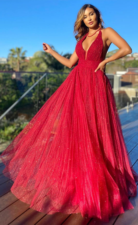 32 Hottest Prom Dress Ideas That’ll Make You Swoon : Red Halter Neck Prom Dress