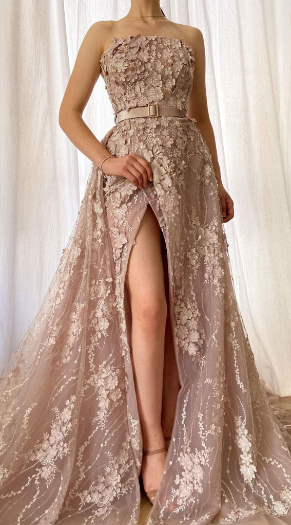 32 Hottest Prom Dress Ideas That’ll Make You Swoon : Floral embellishment neutral dress