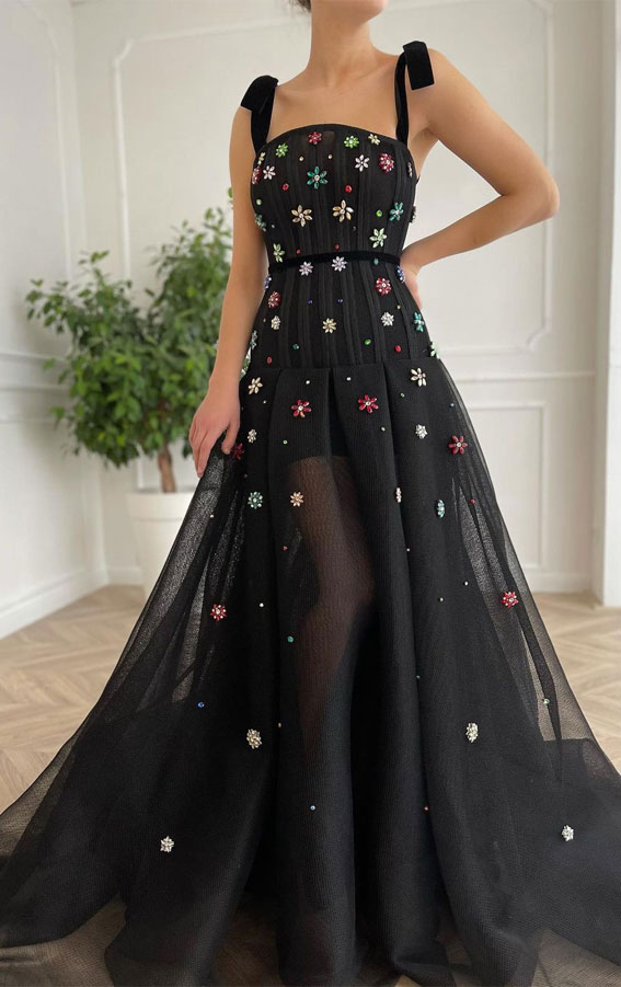 32 Hottest Prom Dress Ideas That’ll Make You Swoon : rainbow of cystal flowers black dress