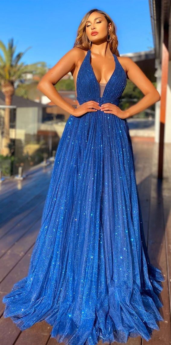 Cobalt Blue Halter Neck Prom Dress