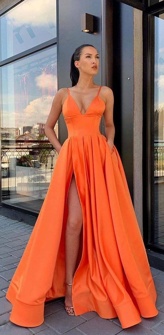 32 Hottest Prom Dress Ideas That’ll Make You Swoon : Orange Spaghetti Prom Dress
