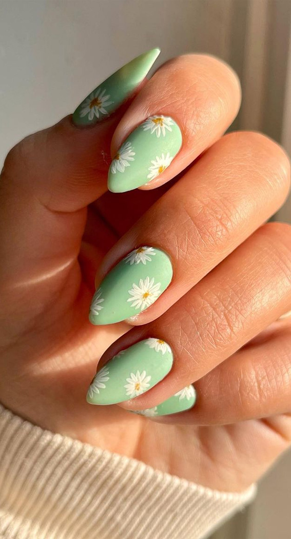 cute nail art design, daisy nails, spring nails, summer nails, flower nails