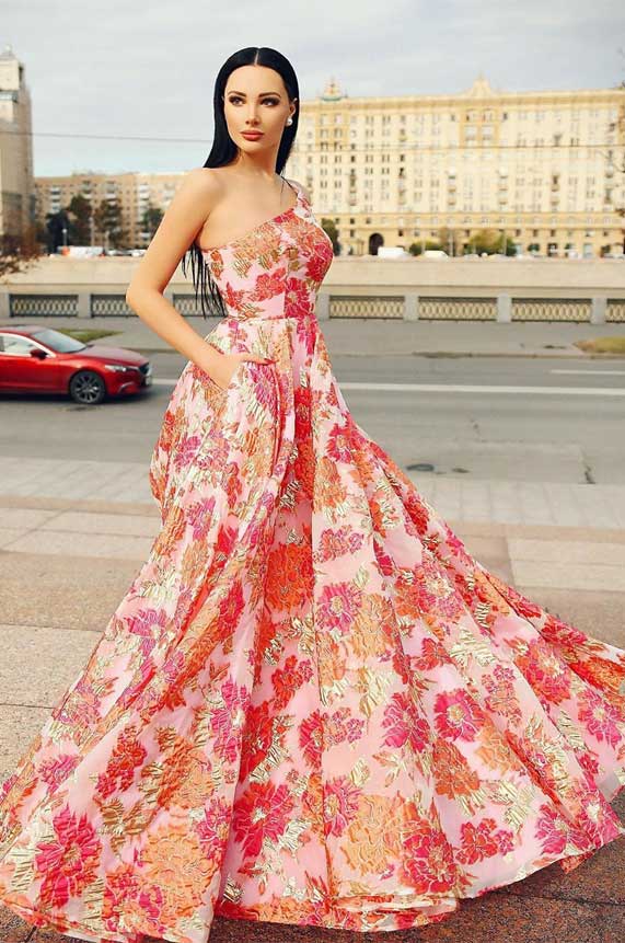 32 Hottest Prom Dress Ideas That’ll Make You Swoon : One shoulder floral printed with pocket