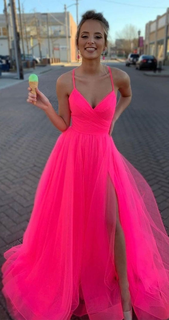 32 Hottest Prom Dress Ideas That’ll Make You Swoon : Fuchsia Spaghetti Prom Dress