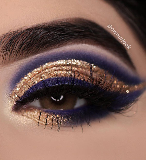 Latest Eye Makeup Trends You Should Try In 2021 : Indigo and Gold Eyeshadow Look