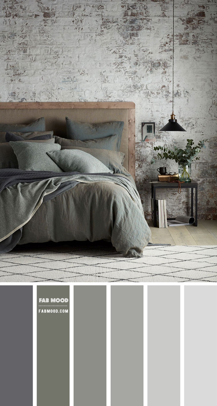 muted green bedroom, grey bedroom, industrial bedroom, rustic wall bedroom