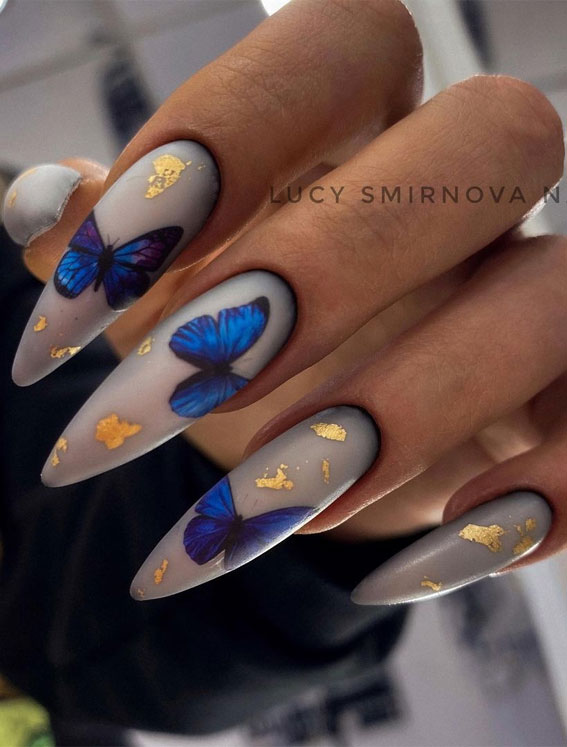 butterfly long nails, blue butterfly nails, spring nails, summer nails, nail art designs 2021