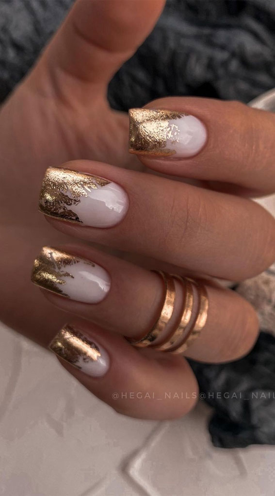 undone nails, unfinished nail look, white and gold foil nails, nail art designs, nail art designs 2021