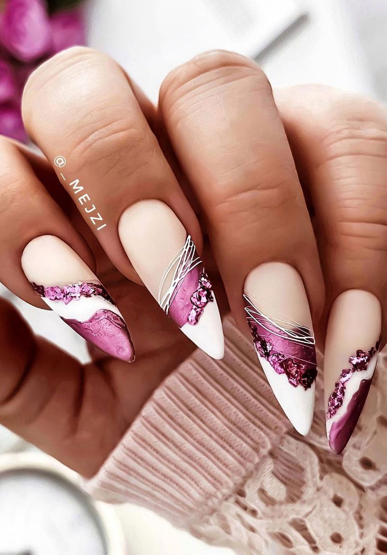 marble nail art, nail art designs, purple and pink nails