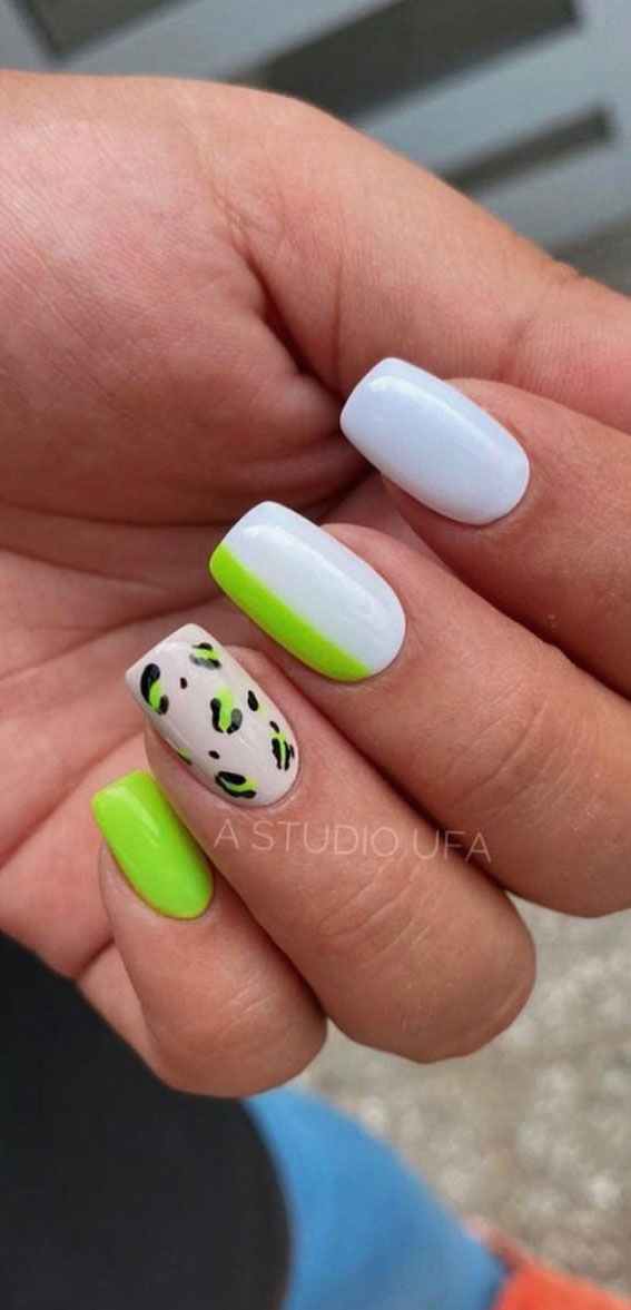 leopard nails, neon green and white nails, bright green and white summer nails, leopard nail art designs