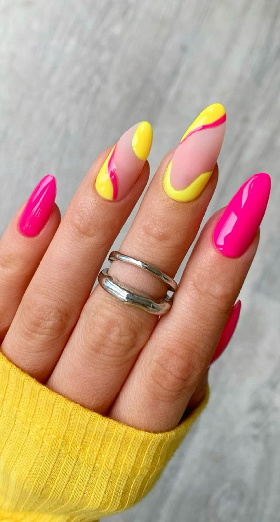 Summer Nail Designs You'll Probably Want To Wear : Hot Pink and Yellow Nails